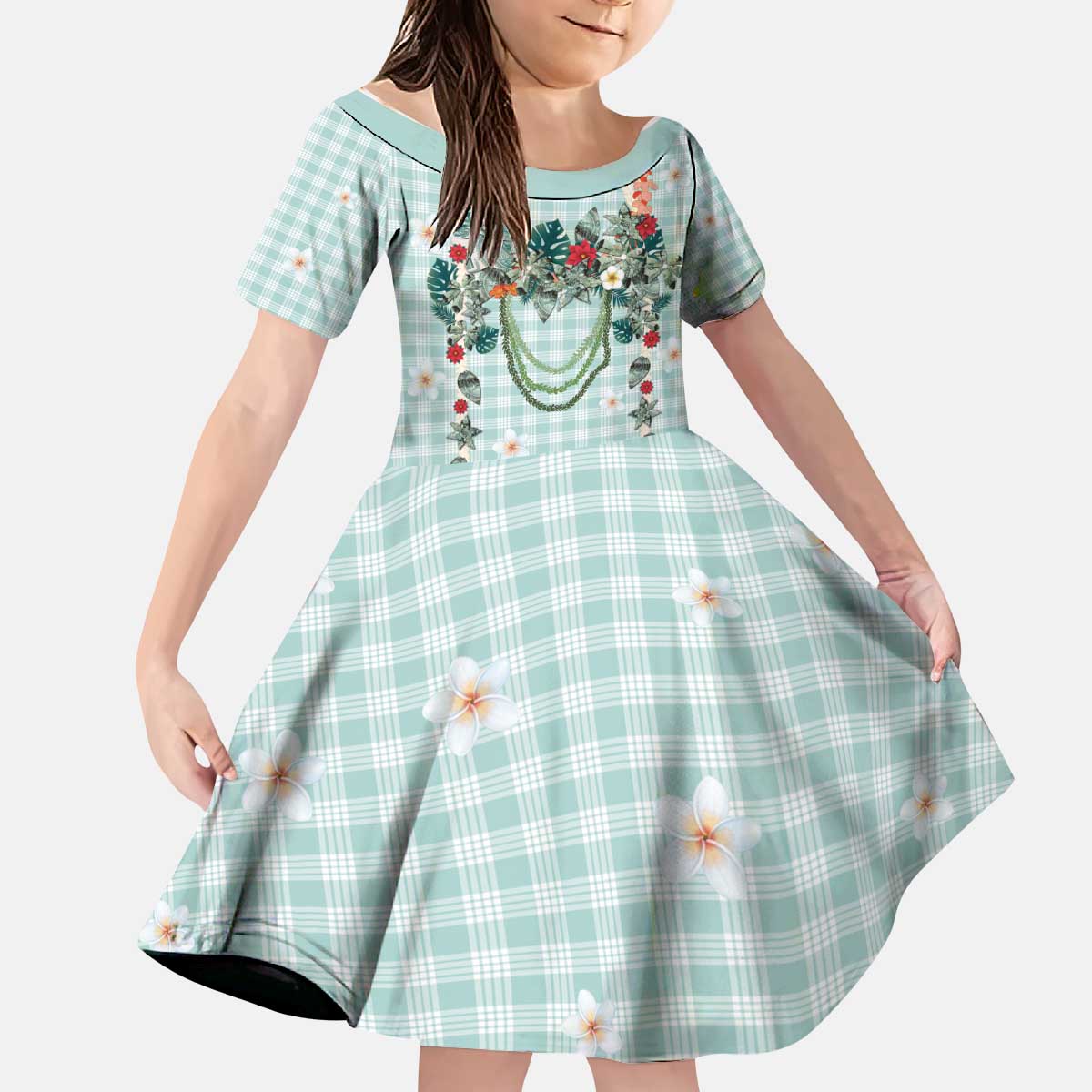 Turquoise Hawaiian Palaka Kid Short Sleeve Dress Kukui Nut Money Lei LT9 KID Turquoise - Polynesian Pride