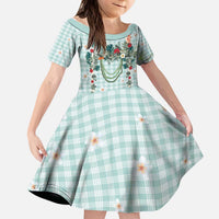 Turquoise Hawaiian Palaka Kid Short Sleeve Dress Kukui Nut Money Lei LT9 KID Turquoise - Polynesian Pride