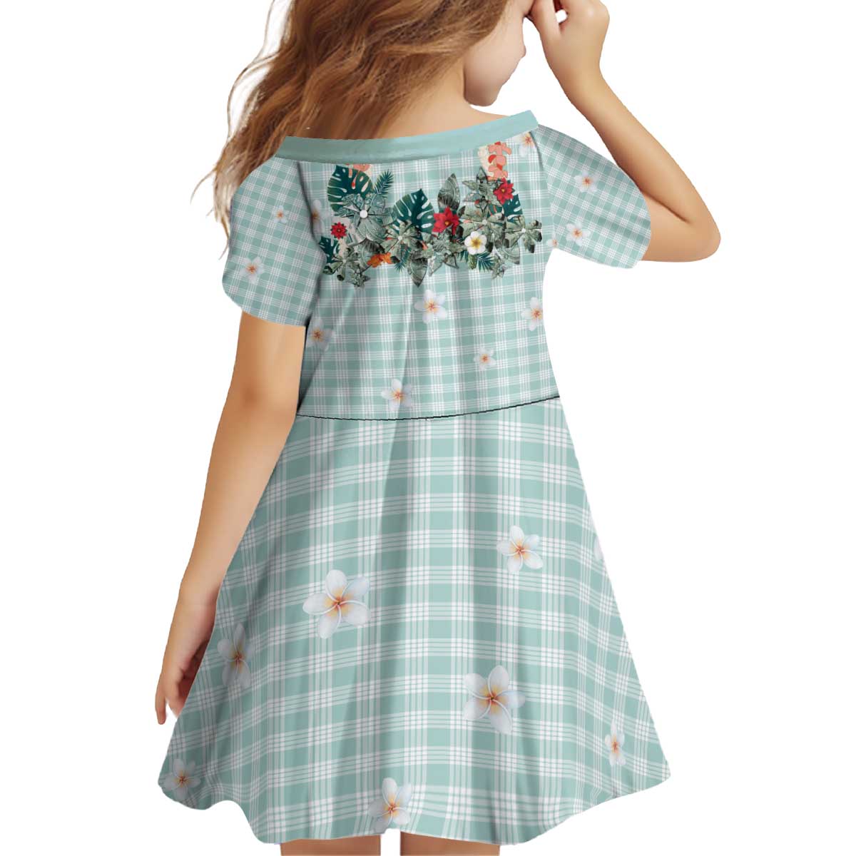 Turquoise Hawaiian Palaka Kid Short Sleeve Dress Kukui Nut Money Lei LT9 - Polynesian Pride
