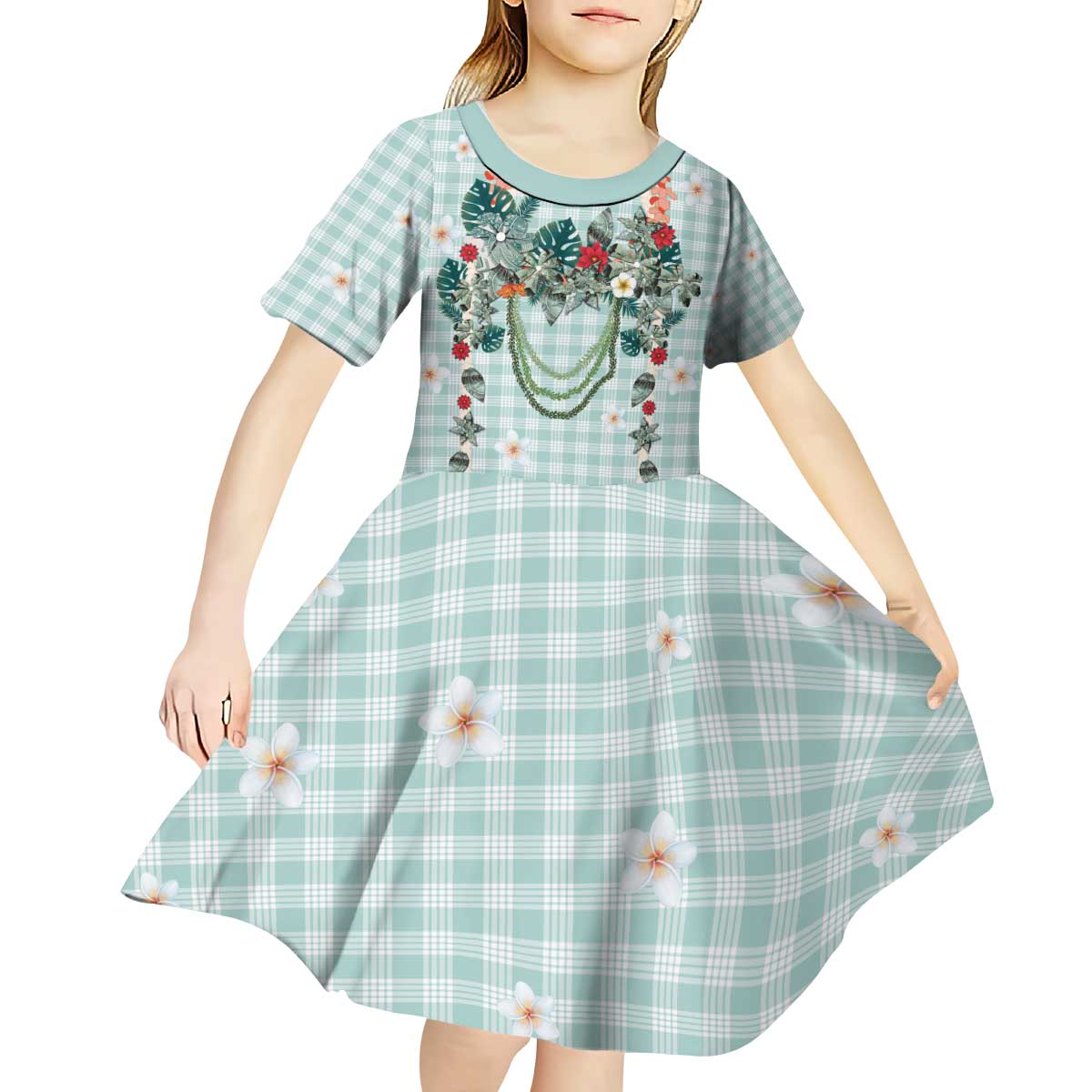 Turquoise Hawaiian Palaka Kid Short Sleeve Dress Kukui Nut Money Lei LT9 - Polynesian Pride