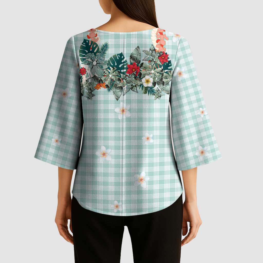 Turquoise Hawaiian Palaka Kimono Sleeve Blouse Kukui Nut Money Lei - Polynesian Pride