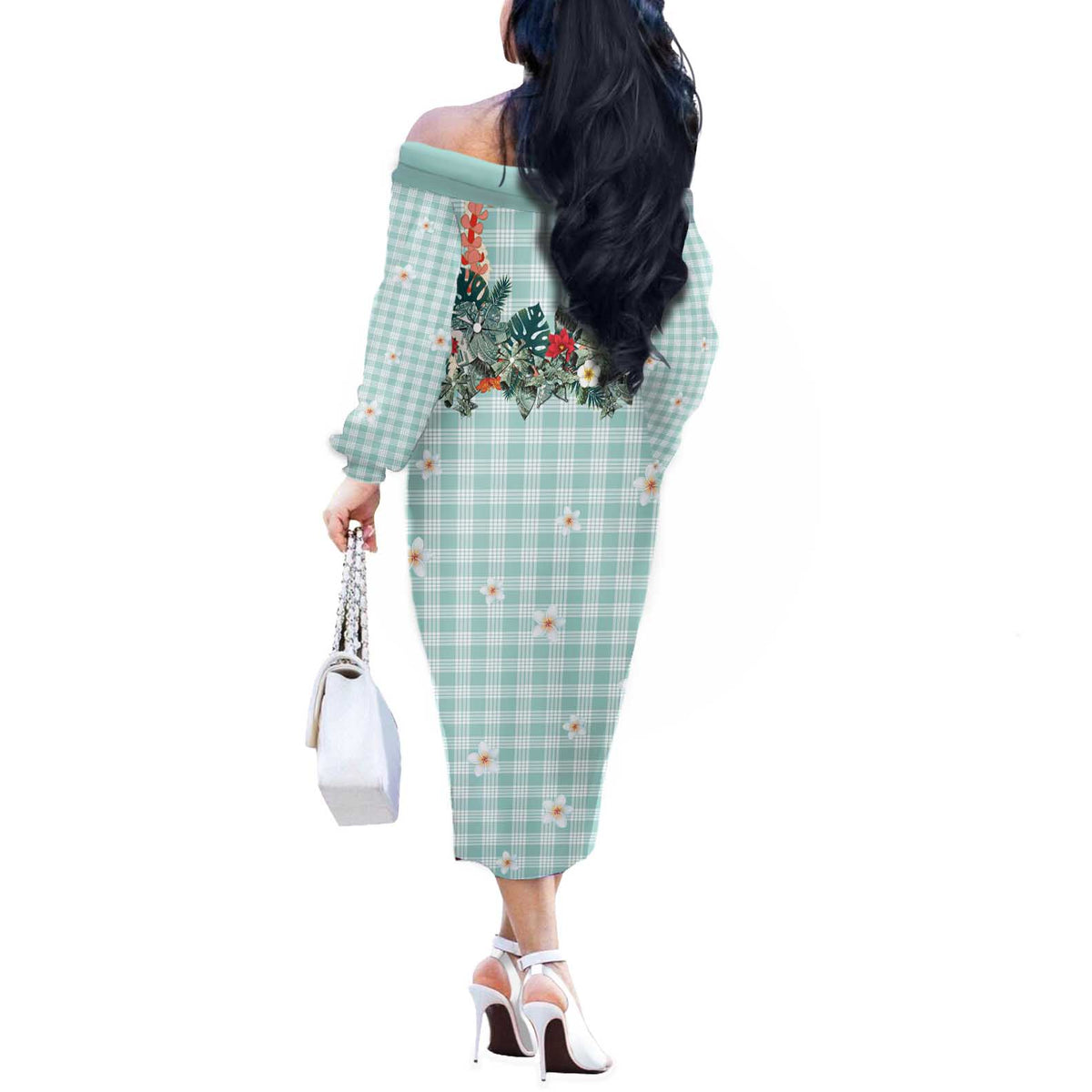 Turquoise Hawaiian Palaka Off The Shoulder Long Sleeve Dress Kukui Nut Money Lei - Polynesian Pride