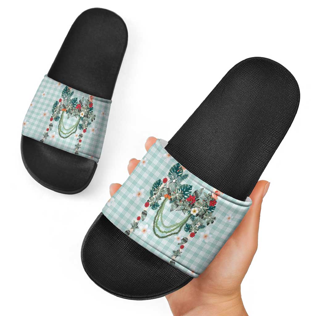 Turquoise Hawaiian Palaka Slide Sandals Kukui Nut Money Lei - Polynesian Pride