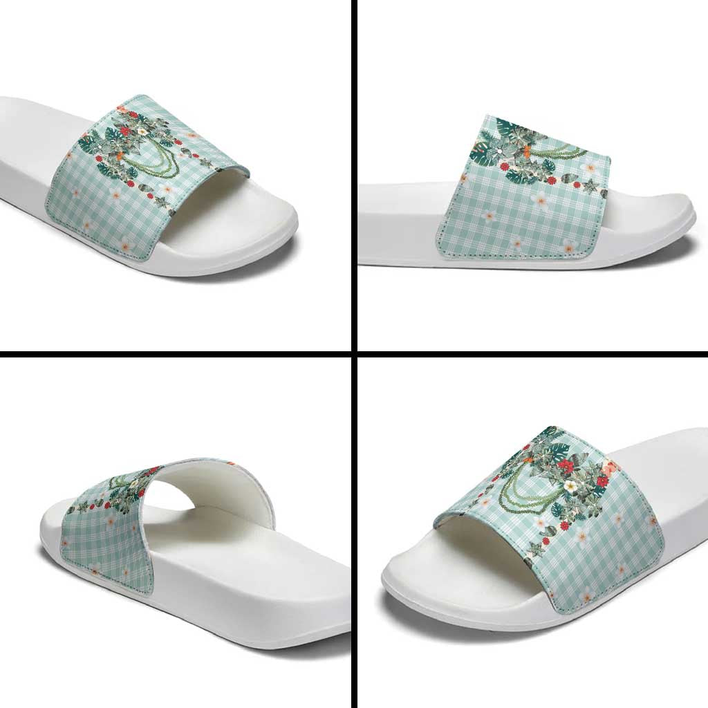 Turquoise Hawaiian Palaka Slide Sandals Kukui Nut Money Lei - Polynesian Pride