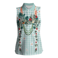 Turquoise Hawaiian Palaka Women Sleeveless Polo Shirt Kukui Nut Money Lei LT9 Female Turquoise - Polynesian Pride