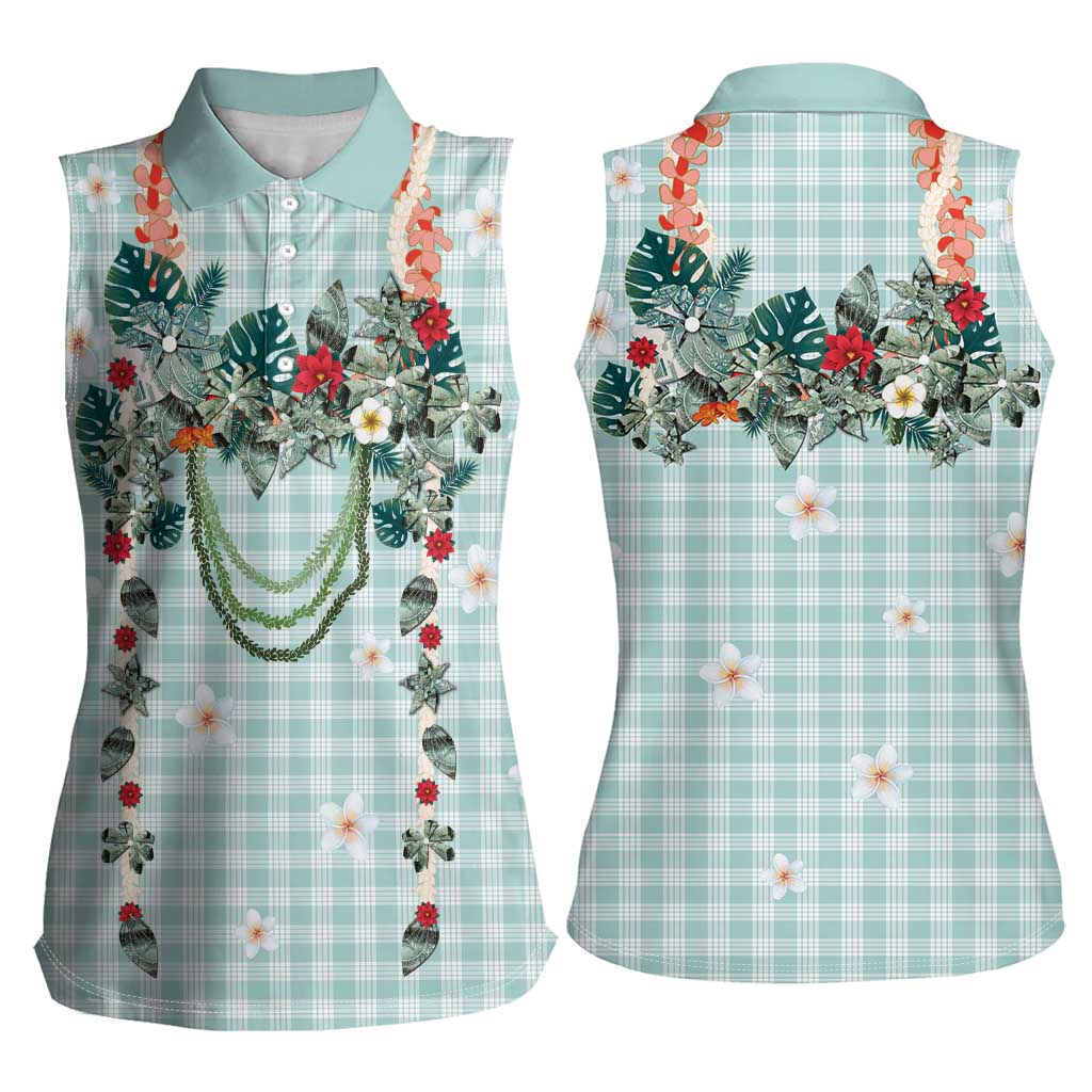 Turquoise Hawaiian Palaka Women Sleeveless Polo Shirt Kukui Nut Money Lei LT9 - Polynesian Pride