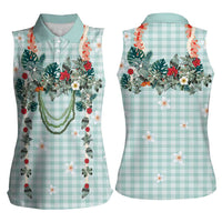 Turquoise Hawaiian Palaka Women Sleeveless Polo Shirt Kukui Nut Money Lei LT9 - Polynesian Pride