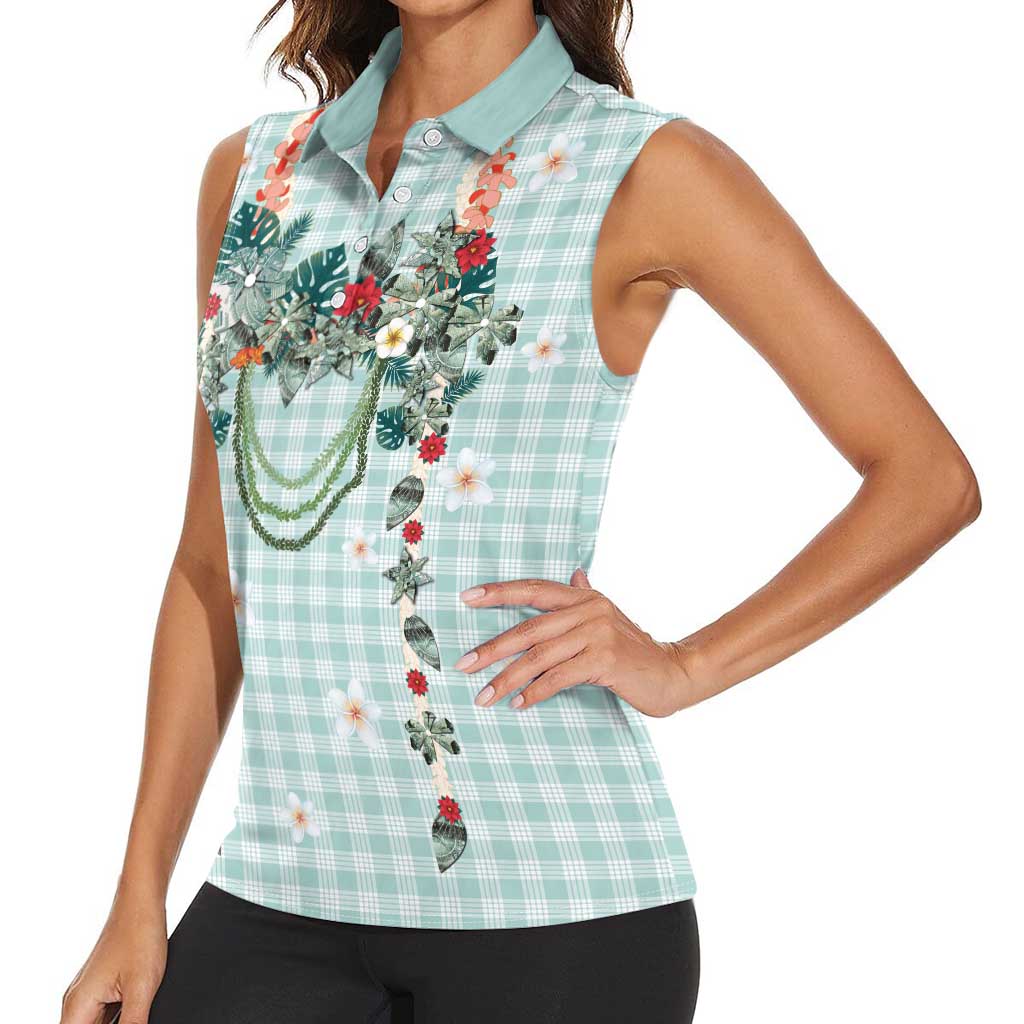 Turquoise Hawaiian Palaka Women Sleeveless Polo Shirt Kukui Nut Money Lei LT9 - Polynesian Pride