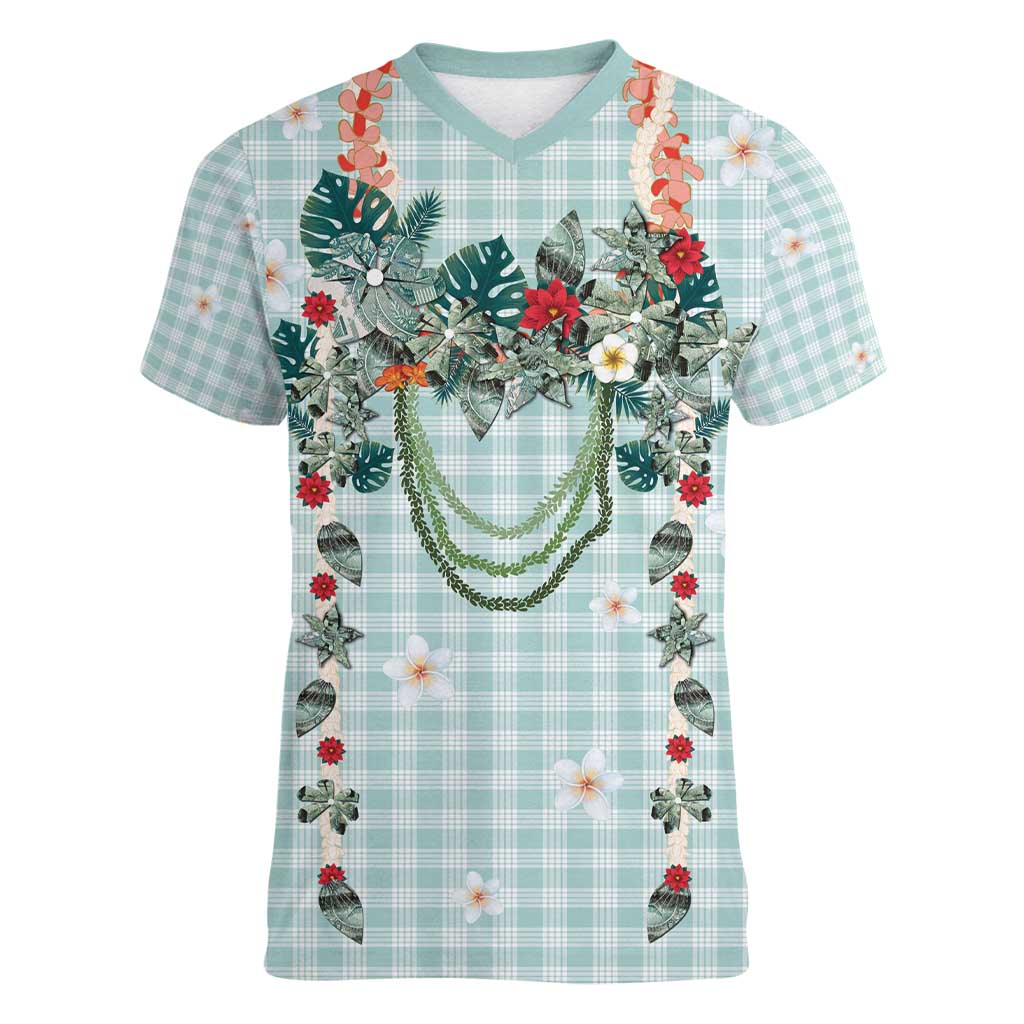 Turquoise Hawaiian Palaka Women V-Neck T-Shirt Kukui Nut Money Lei LT9 Female Turquoise - Polynesian Pride