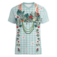 Turquoise Hawaiian Palaka Women V-Neck T-Shirt Kukui Nut Money Lei LT9 Female Turquoise - Polynesian Pride