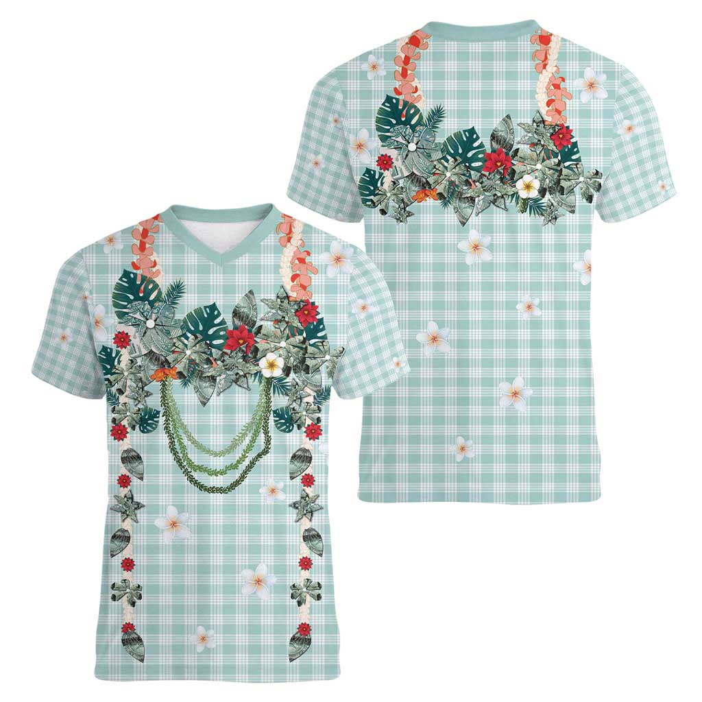 Turquoise Hawaiian Palaka Women V-Neck T-Shirt Kukui Nut Money Lei LT9 - Polynesian Pride