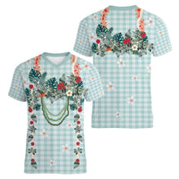 Turquoise Hawaiian Palaka Women V-Neck T-Shirt Kukui Nut Money Lei LT9 - Polynesian Pride