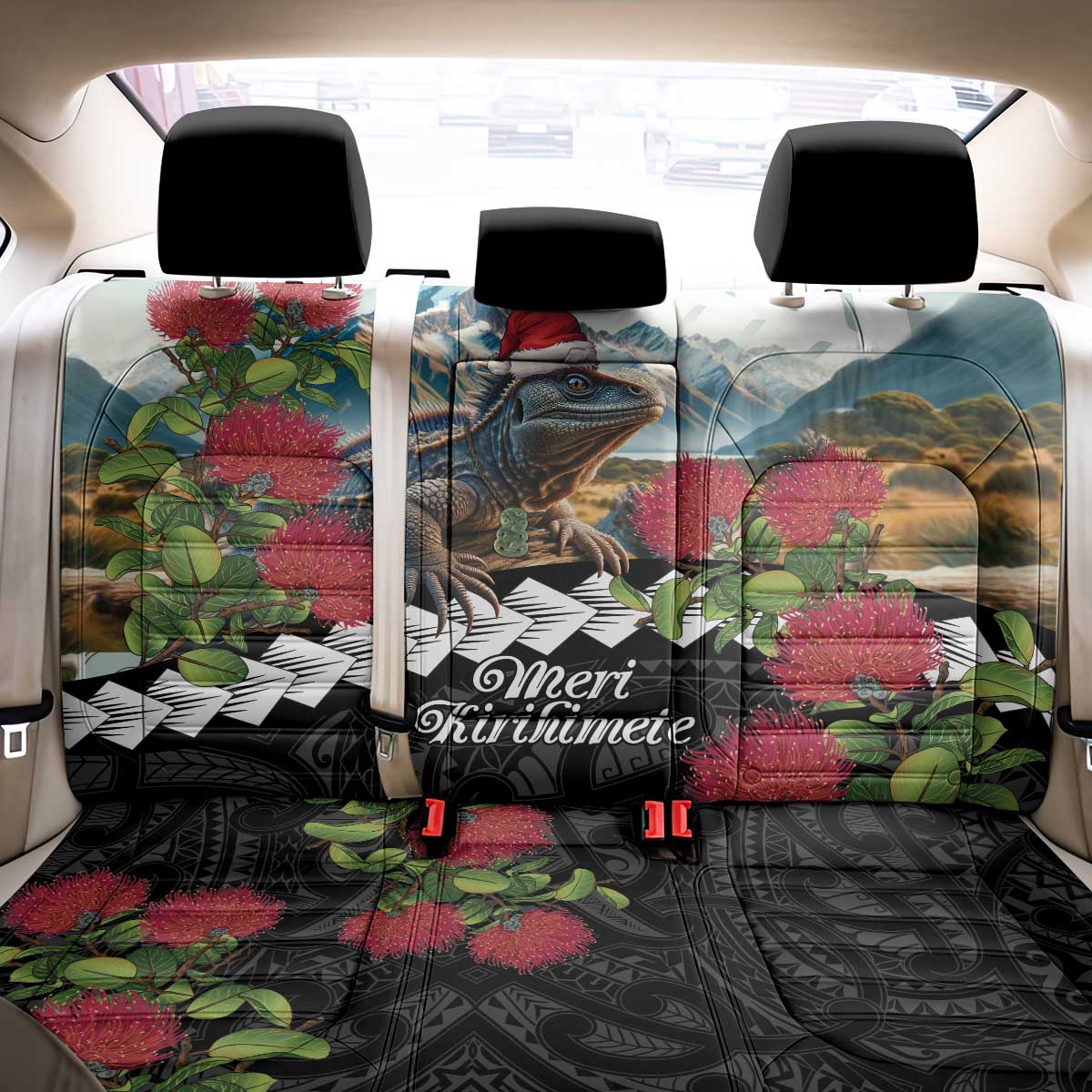 Meri Kirihimete Tuatara Back Car Seat Cover New Zealand Fern with Puhutukawa Flowers LT9 - Polynesian Pride