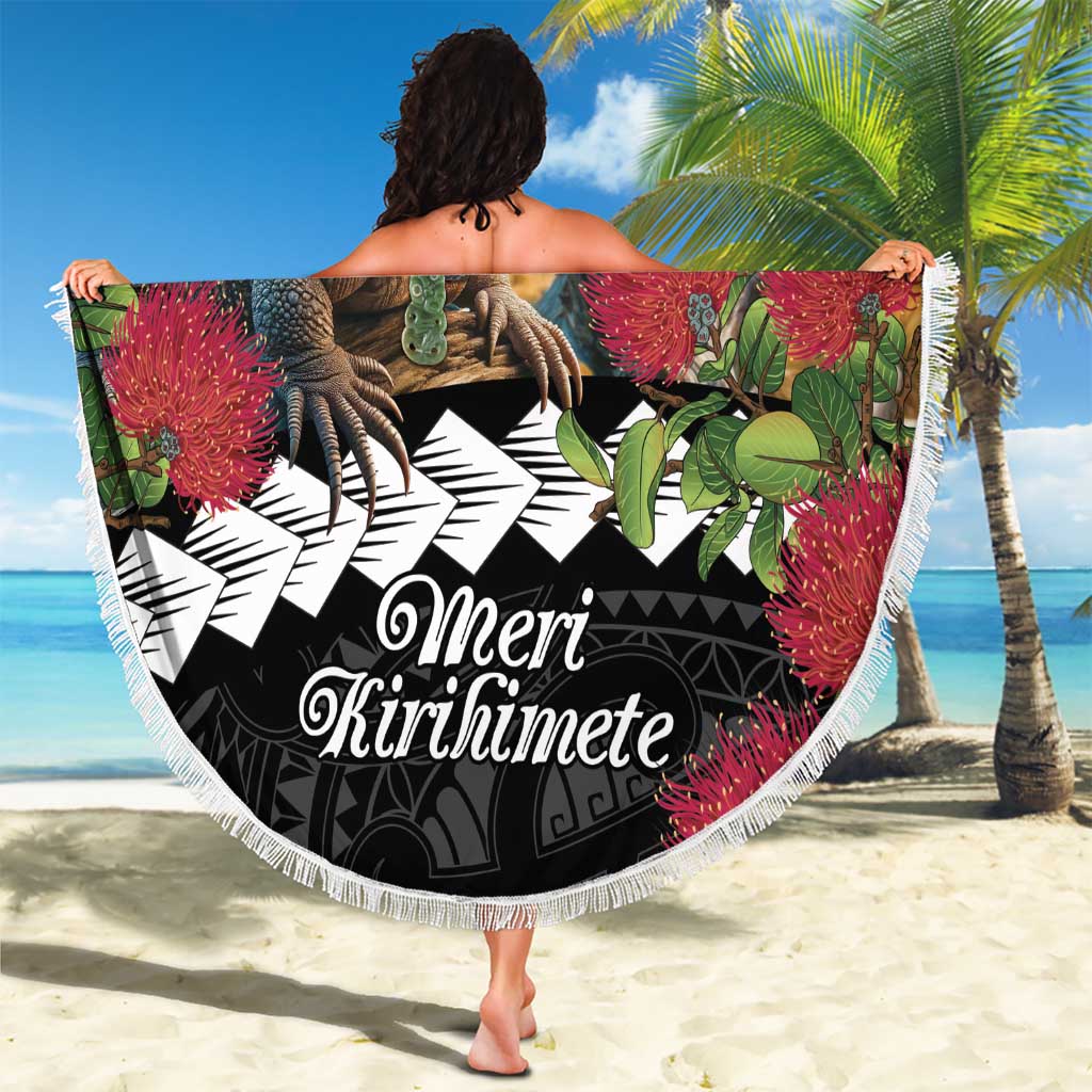 Meri Kirihimete Tuatara Beach Blanket New Zealand Fern with Puhutukawa Flowers LT9 - Polynesian Pride