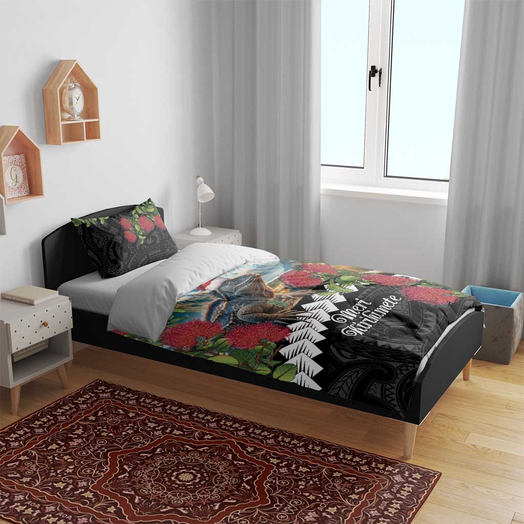 Meri Kirihimete Tuatara Bedding Set New Zealand Fern with Puhutukawa Flowers LT9 - Polynesian Pride
