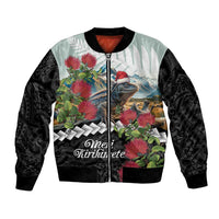 Meri Kirihimete Tuatara Bomber Jacket New Zealand Fern with Puhutukawa Flowers LT9 Unisex Green - Polynesian Pride
