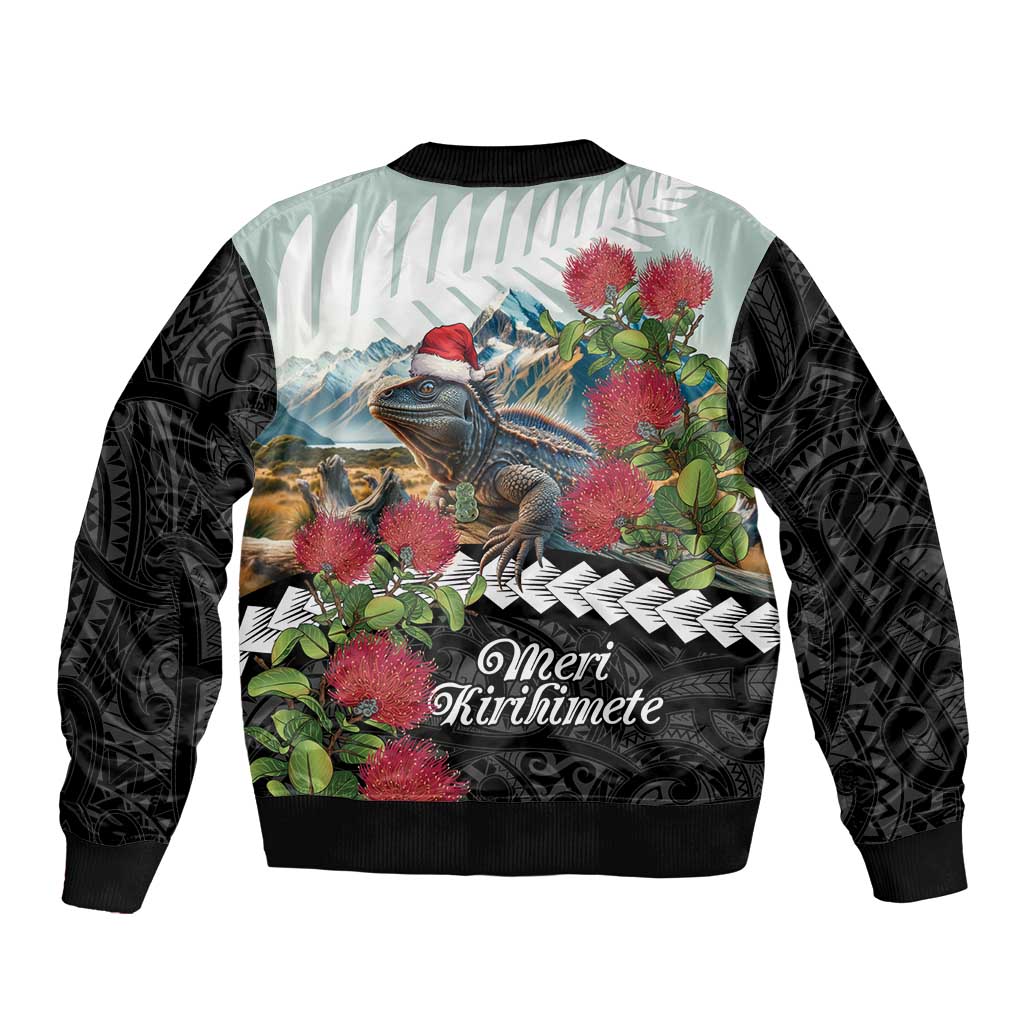 Meri Kirihimete Tuatara Bomber Jacket New Zealand Fern with Puhutukawa Flowers LT9 - Polynesian Pride