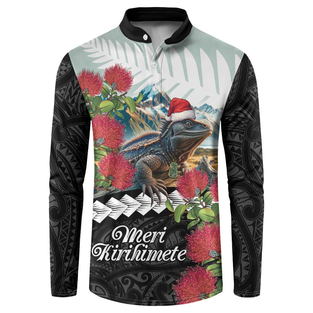 Meri Kirihimete Tuatara Button Sweatshirt New Zealand Fern with Puhutukawa Flowers LT9 Green - Polynesian Pride