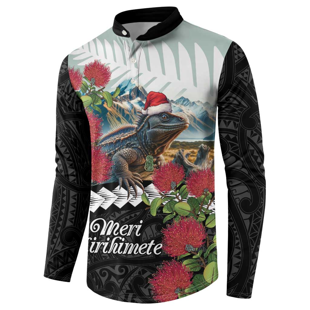 Meri Kirihimete Tuatara Button Sweatshirt New Zealand Fern with Puhutukawa Flowers LT9 - Polynesian Pride