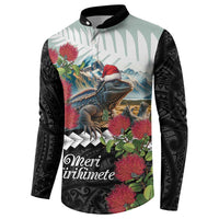 Meri Kirihimete Tuatara Button Sweatshirt New Zealand Fern with Puhutukawa Flowers LT9 - Polynesian Pride