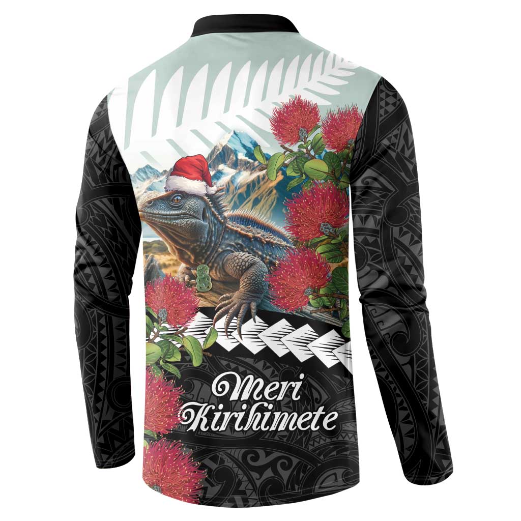 Meri Kirihimete Tuatara Button Sweatshirt New Zealand Fern with Puhutukawa Flowers LT9 - Polynesian Pride
