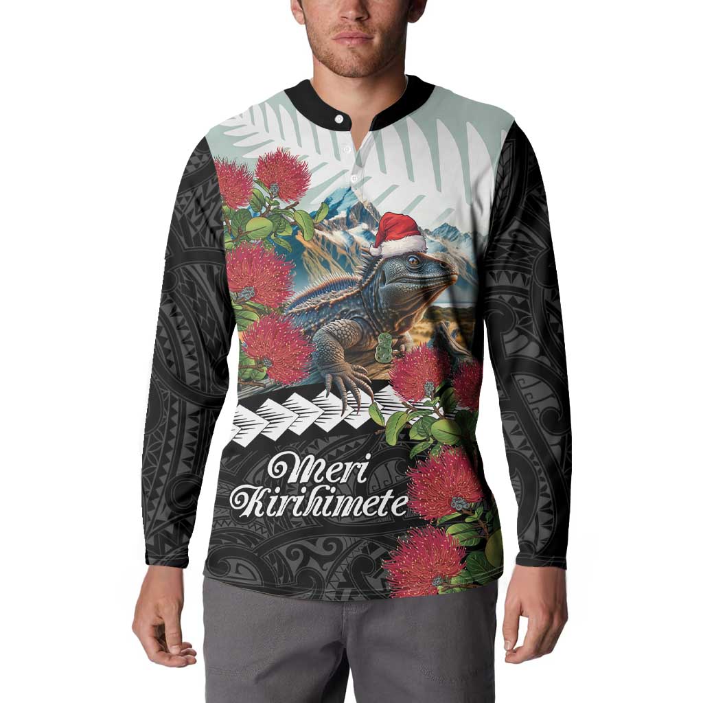 Meri Kirihimete Tuatara Button Sweatshirt New Zealand Fern with Puhutukawa Flowers LT9 - Polynesian Pride