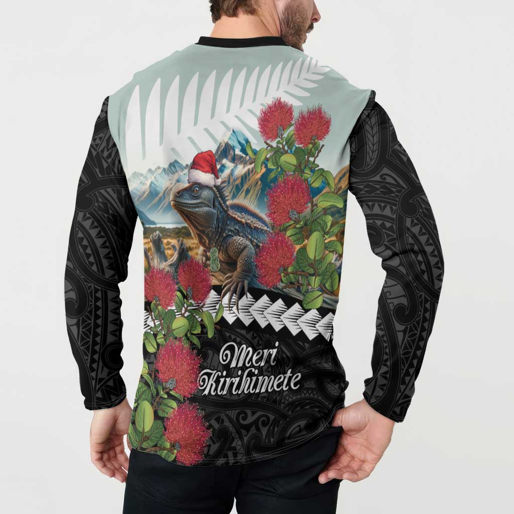 Meri Kirihimete Tuatara Button Sweatshirt New Zealand Fern with Puhutukawa Flowers LT9 - Polynesian Pride
