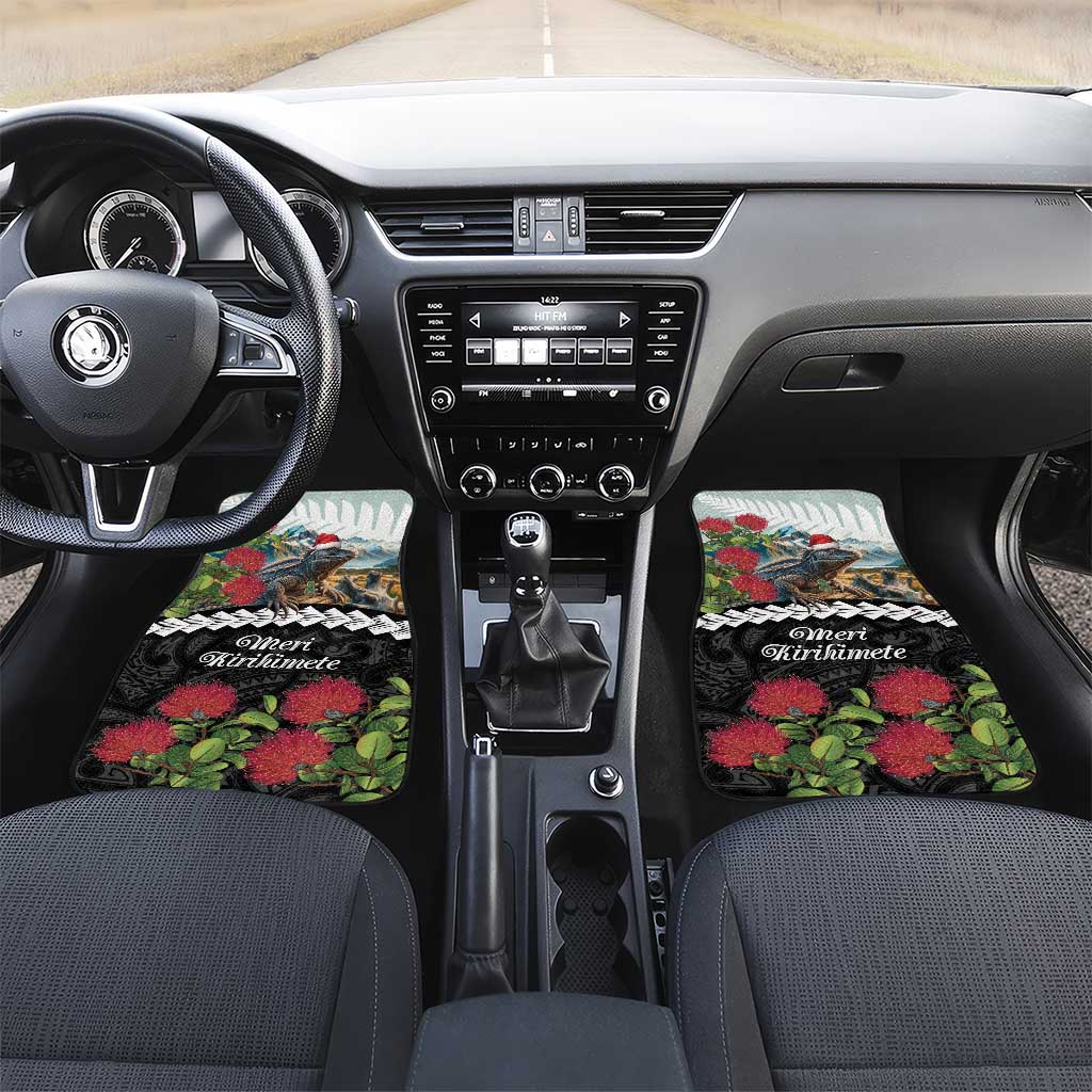 Meri Kirihimete Tuatara Car Mats New Zealand Fern with Puhutukawa Flowers LT9 Set 2pcs - Front Green - Polynesian Pride