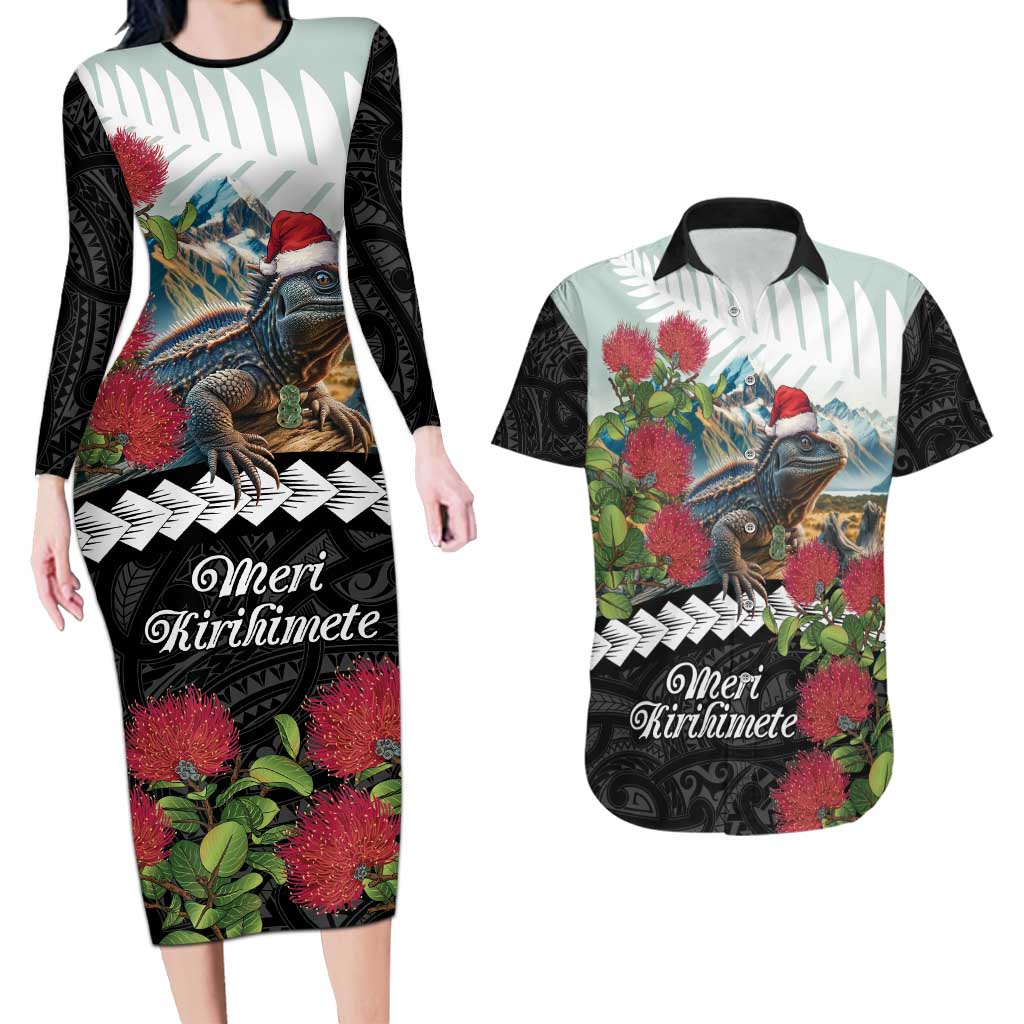 Meri Kirihimete Tuatara Couples Matching Long Sleeve Bodycon Dress and Hawaiian Shirt New Zealand Fern with Puhutukawa Flowers LT9 Green - Polynesian Pride