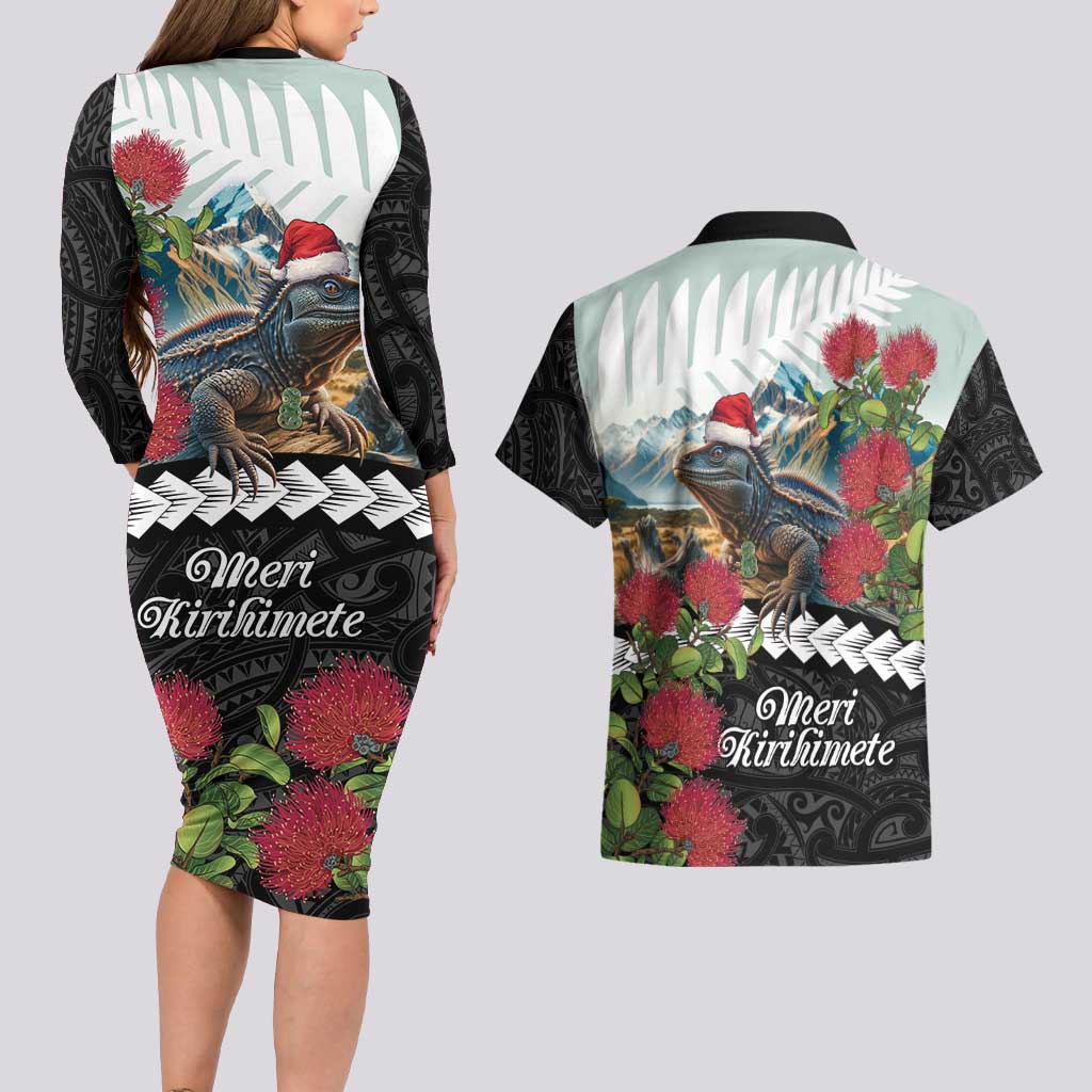 Meri Kirihimete Tuatara Couples Matching Long Sleeve Bodycon Dress and Hawaiian Shirt New Zealand Fern with Puhutukawa Flowers LT9 - Polynesian Pride