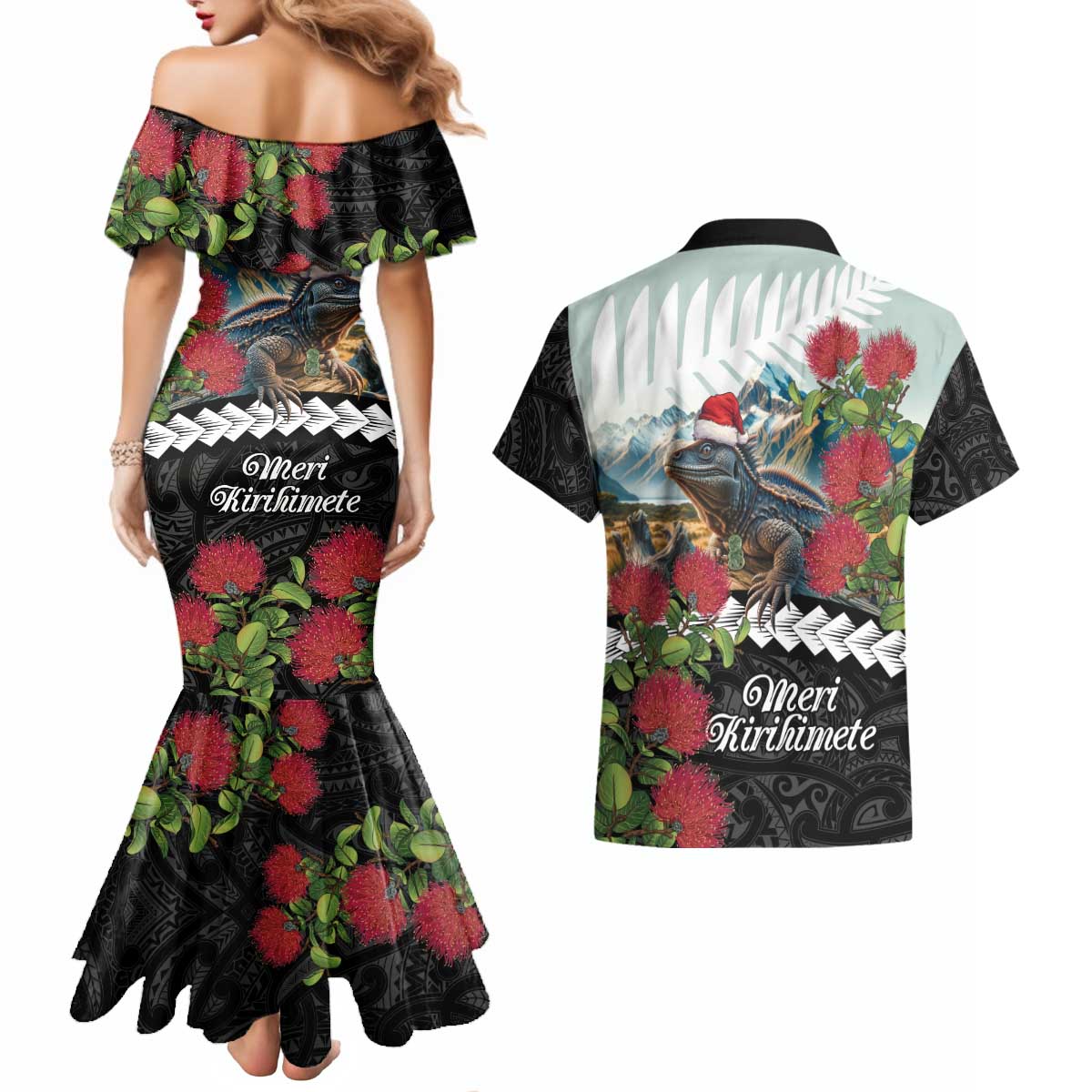 Meri Kirihimete Tuatara Couples Matching Mermaid Dress and Hawaiian Shirt New Zealand Fern with Puhutukawa Flowers LT9 - Polynesian Pride