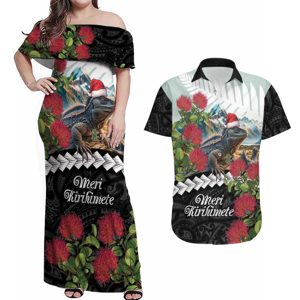 Meri Kirihimete Tuatara Couples Matching Off Shoulder Maxi Dress and Hawaiian Shirt New Zealand Fern with Puhutukawa Flowers LT9 Green - Polynesian Pride
