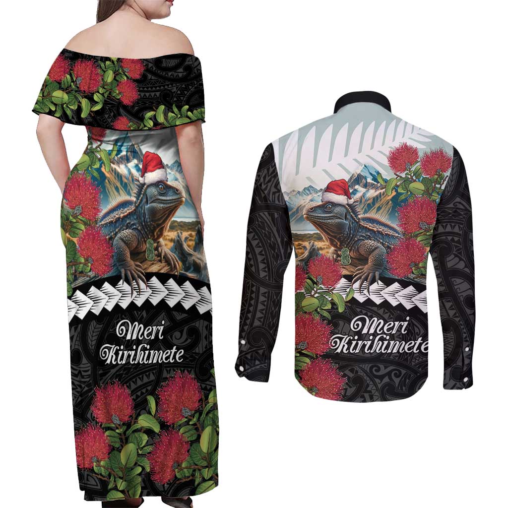 Meri Kirihimete Tuatara Couples Matching Off Shoulder Maxi Dress and Long Sleeve Button Shirt New Zealand Fern with Puhutukawa Flowers LT9 - Polynesian Pride