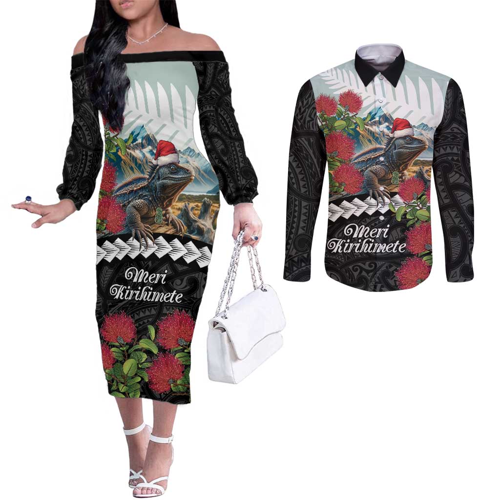 Meri Kirihimete Tuatara Couples Matching Off The Shoulder Long Sleeve Dress and Long Sleeve Button Shirt New Zealand Fern with Puhutukawa Flowers LT9 Green - Polynesian Pride