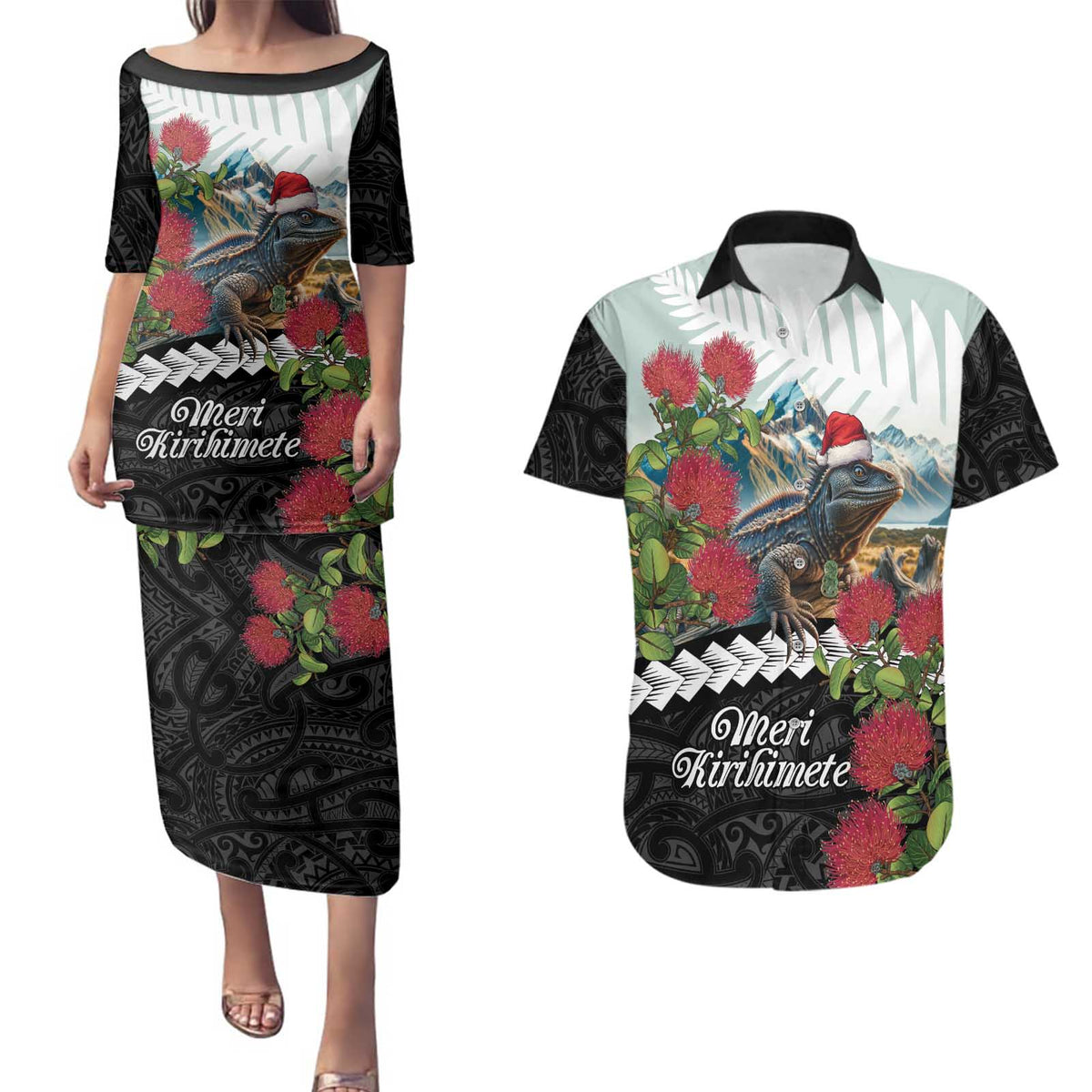 Meri Kirihimete Tuatara Couples Matching Puletasi and Hawaiian Shirt New Zealand Fern with Puhutukawa Flowers LT9 Green - Polynesian Pride