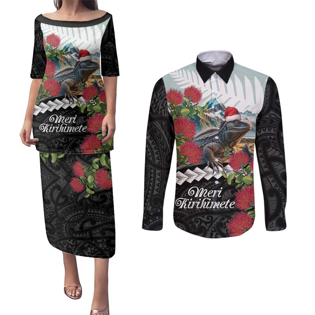Meri Kirihimete Tuatara Couples Matching Puletasi and Long Sleeve Button Shirt New Zealand Fern with Puhutukawa Flowers LT9 Green - Polynesian Pride