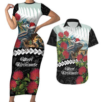 Meri Kirihimete Tuatara Couples Matching Short Sleeve Bodycon Dress and Hawaiian Shirt New Zealand Fern with Puhutukawa Flowers LT9 Green - Polynesian Pride
