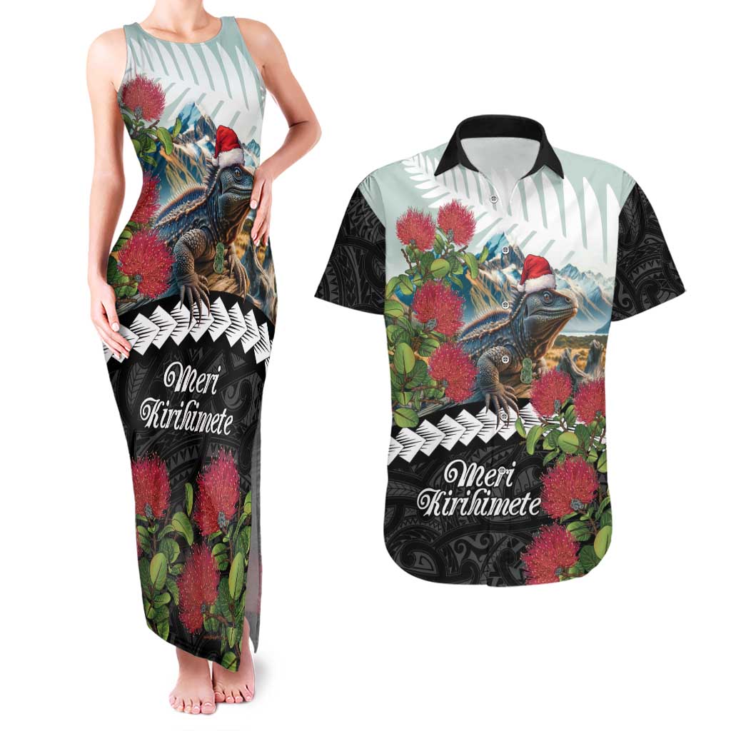 Meri Kirihimete Tuatara Couples Matching Tank Maxi Dress and Hawaiian Shirt New Zealand Fern with Puhutukawa Flowers LT9 Green - Polynesian Pride