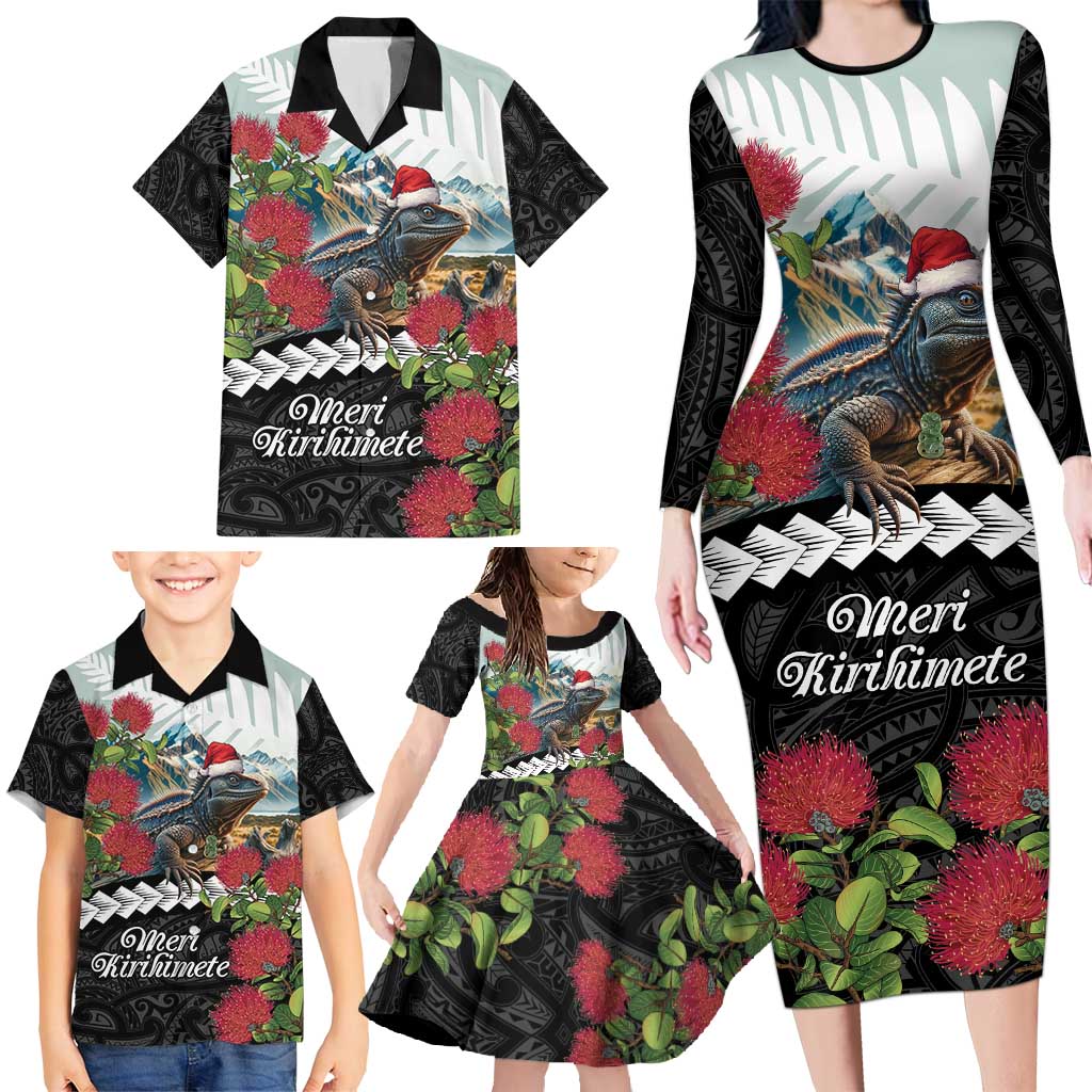 Meri Kirihimete Tuatara Family Matching Long Sleeve Bodycon Dress and Hawaiian Shirt New Zealand Fern with Puhutukawa Flowers LT9 - Polynesian Pride