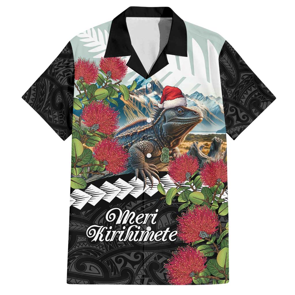 Meri Kirihimete Tuatara Family Matching Long Sleeve Bodycon Dress and Hawaiian Shirt New Zealand Fern with Puhutukawa Flowers LT9 Dad's Shirt - Short Sleeve Green - Polynesian Pride