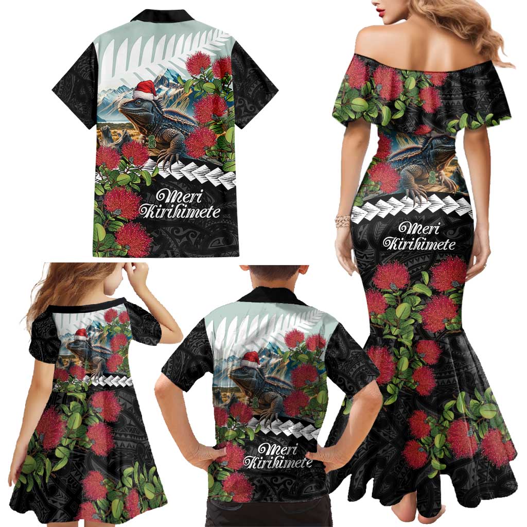 Meri Kirihimete Tuatara Family Matching Mermaid Dress and Hawaiian Shirt New Zealand Fern with Puhutukawa Flowers LT9 - Polynesian Pride