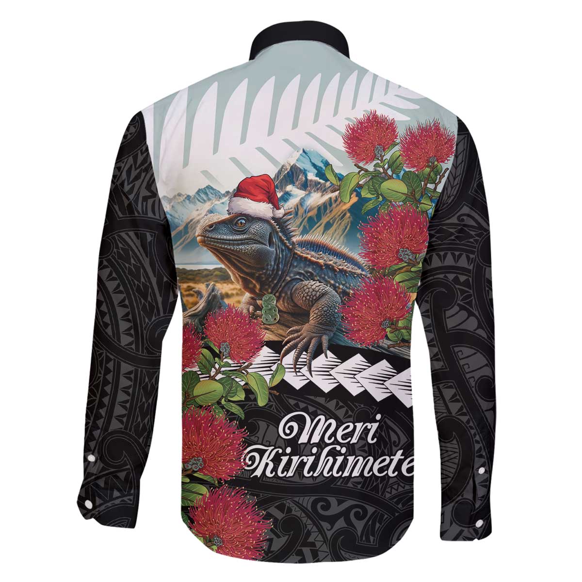 Meri Kirihimete Tuatara Family Matching Off The Shoulder Long Sleeve Dress and Hawaiian Shirt New Zealand Fern with Puhutukawa Flowers LT9 - Polynesian Pride