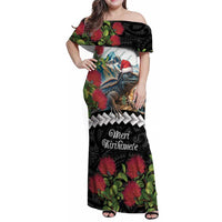 Meri Kirihimete Tuatara Family Matching Off Shoulder Maxi Dress and Hawaiian Shirt New Zealand Fern with Puhutukawa Flowers LT9 Mom's Dress Green - Polynesian Pride