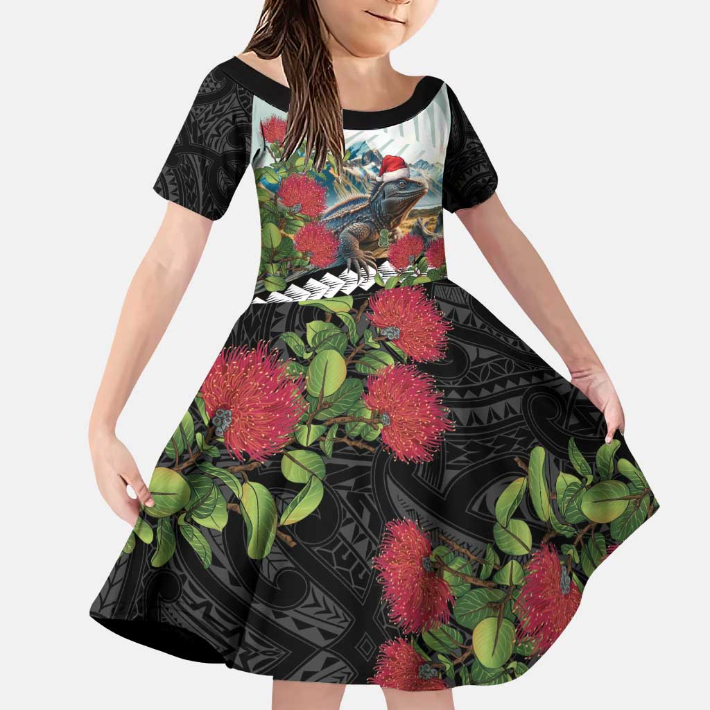 Meri Kirihimete Tuatara Family Matching Puletasi and Hawaiian Shirt New Zealand Fern with Puhutukawa Flowers LT9 Daughter's Dress Green - Polynesian Pride