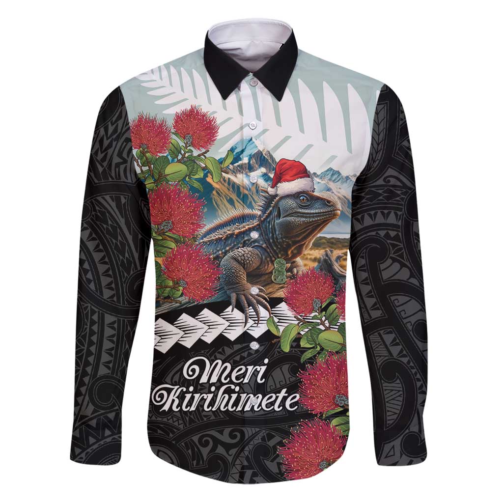 Meri Kirihimete Tuatara Family Matching Puletasi and Hawaiian Shirt New Zealand Fern with Puhutukawa Flowers LT9 Dad's Shirt - Long Sleeve Green - Polynesian Pride