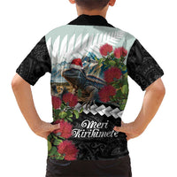 Meri Kirihimete Tuatara Family Matching Short Sleeve Bodycon Dress and Hawaiian Shirt New Zealand Fern with Puhutukawa Flowers LT9 - Polynesian Pride