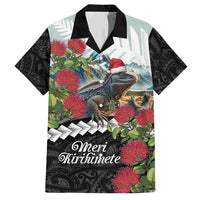 Meri Kirihimete Tuatara Family Matching Summer Maxi Dress and Hawaiian Shirt New Zealand Fern with Puhutukawa Flowers LT9 Dad's Shirt - Short Sleeve Green - Polynesian Pride