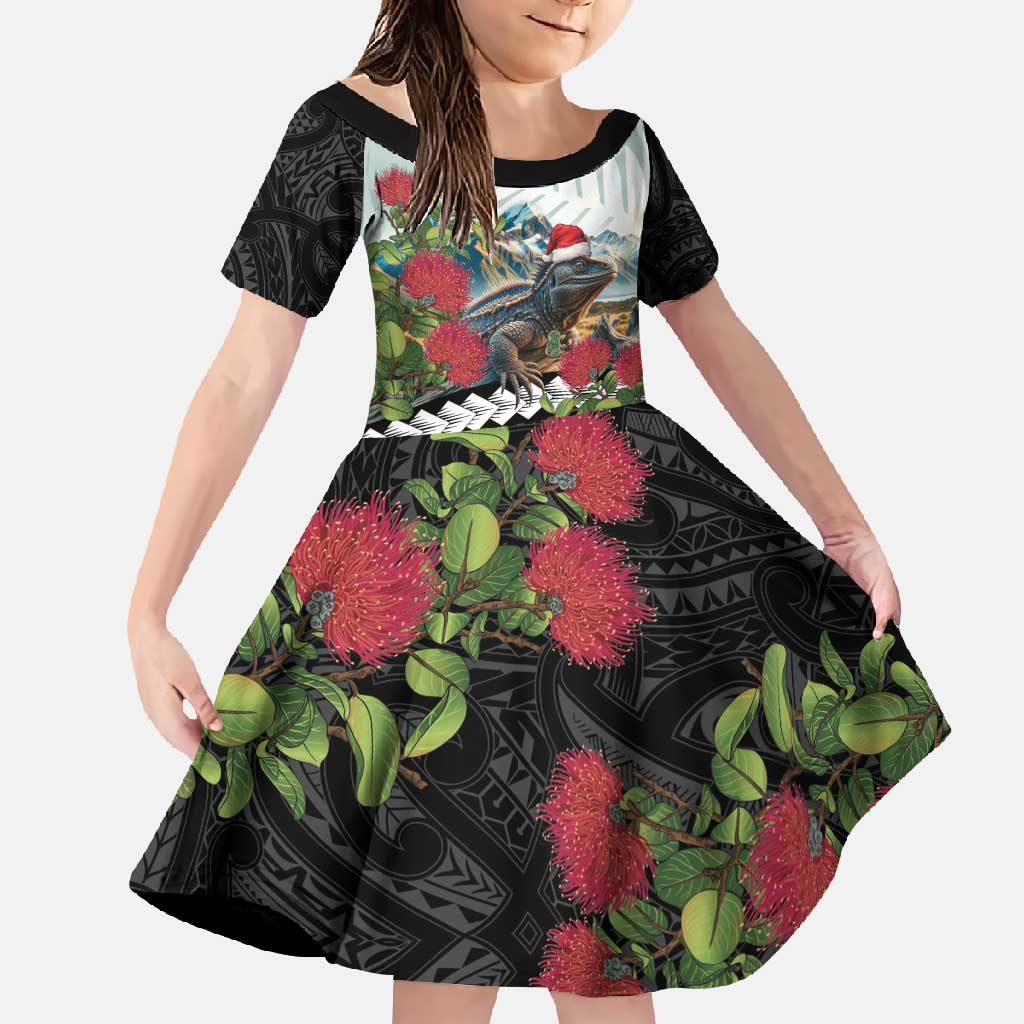 Meri Kirihimete Tuatara Family Matching Tank Maxi Dress and Hawaiian Shirt New Zealand Fern with Puhutukawa Flowers LT9 Daughter's Dress Green - Polynesian Pride