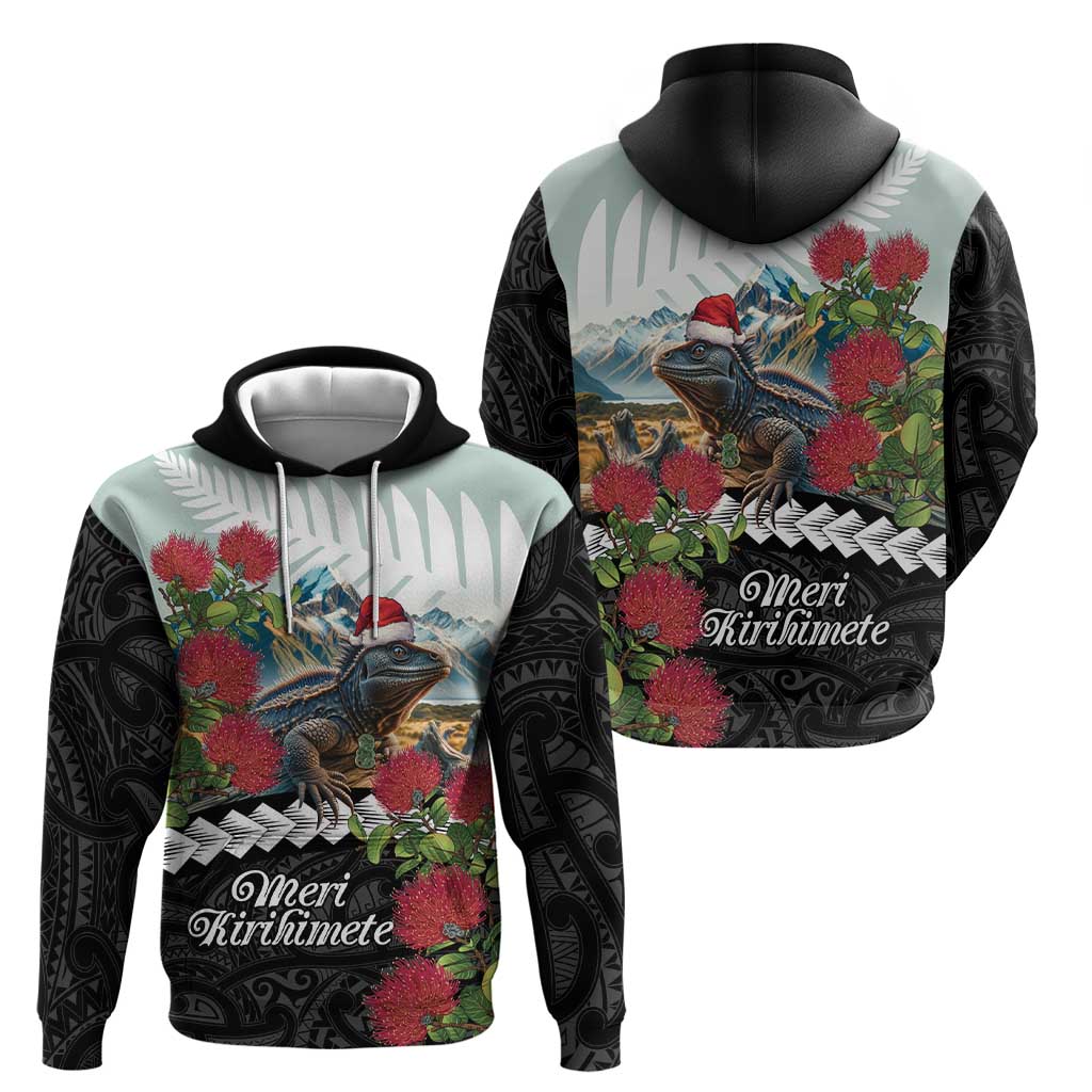 Meri Kirihimete Tuatara Hoodie New Zealand Fern with Puhutukawa Flowers LT9 - Polynesian Pride