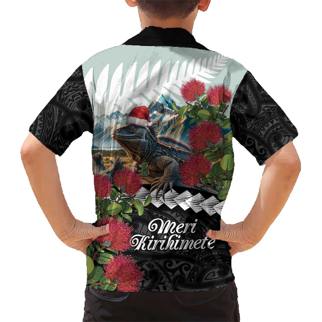 Meri Kirihimete Tuatara Kid Hawaiian Shirt New Zealand Fern with Puhutukawa Flowers LT9 - Polynesian Pride